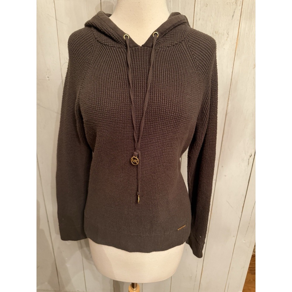 Michael Kors Women's Knit Stretch Pullover Lightweight Brown Tie Hoodie Size M